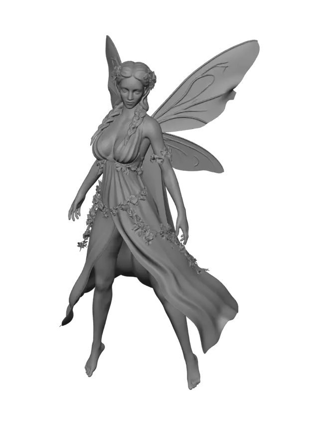 3D model for a beautiful woodland fairy in a standing posture but not standing on anything, her legs are apart, she is clothed in ethereal white silk and adorned with wild flowers, she has a beautiful figure, slim with a large bust