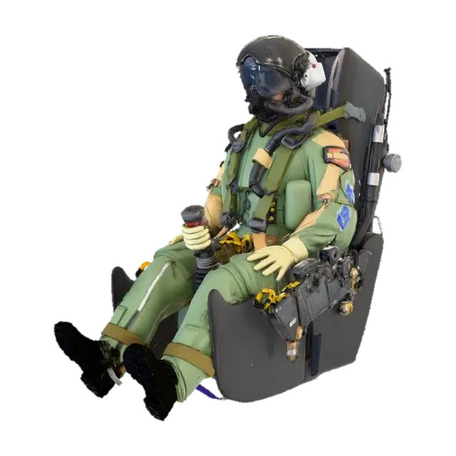 RAF Pilot sat in an ejection seat, right hand positioned to hold the joystick, his… 3D model, vytvořený pomocí AI
