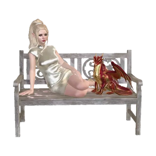 a female elf in cream coloured dress, her hair in a ponytail reclines on a wooden… - Firedrake 3D model, vytvořený pomocí AI