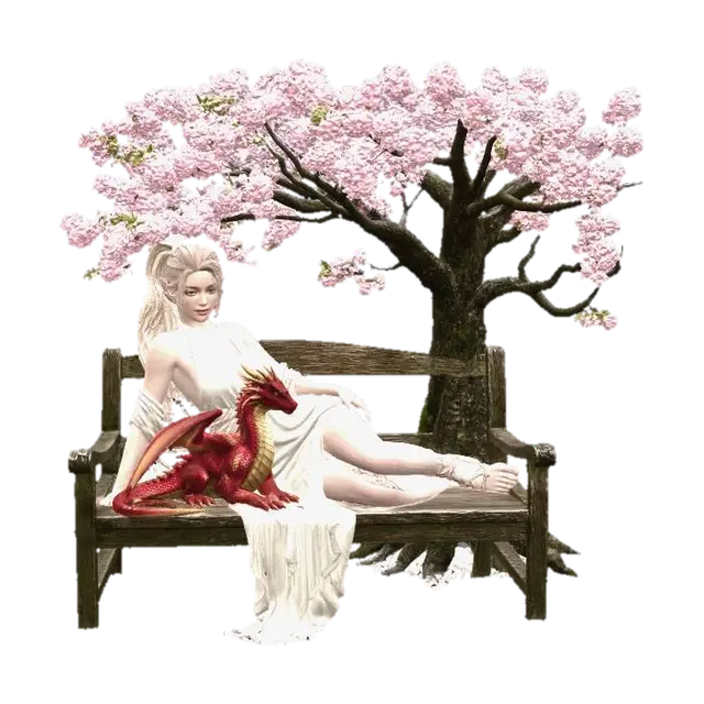 a female elf in cream coloured dress, her hair in a ponytail reclines on a wooden… - Firedrake 3D model, vytvořený pomocí AI