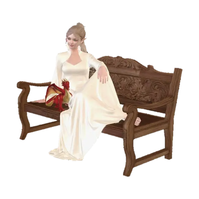 a female elf in cream coloured dress, her hair in a ponytail reclines on a wooden… - Firedrake 3D model, vytvořený pomocí AI