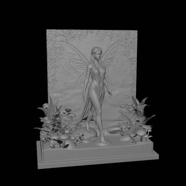 3D model for Create a diorama of a beautiful fairy exits from a stream in a woodland setting with mushrooms ferns mosses and wildflowers, the water still drips from her hair and body, she is wearing a light cotton gown cream colour that is wet and clings to her body