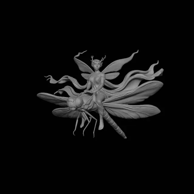 3D model for create a diorama small waterfall turning into a stream just above the stream flies a dragonfly with a saddle and bridle, sitting in the saddle is a beautiful fairy laughing at the wonderful ride she is having. the stream is sided with mosses and ferns and rushes.