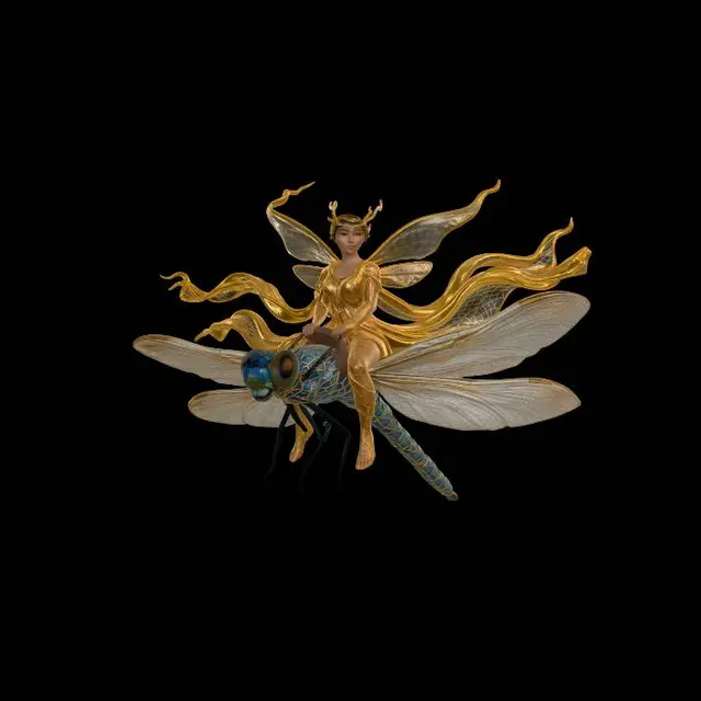 3D model for create a diorama small waterfall turning into a stream just above the stream flies a dragonfly with a saddle and bridle, sitting in the saddle is a beautiful fairy laughing at the wonderful ride she is having. the stream is sided with mosses and ferns and rushes.