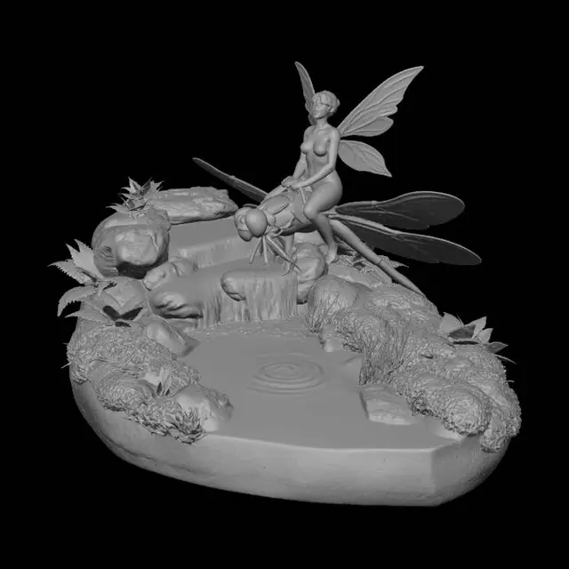 3D model for create a diorama small waterfall turning into a stream just above the stream flies a dragonfly with a saddle and bridle, sitting in the saddle is a beautiful fairy laughing at the wonderful ride she is having. the stream is sided with mosses and ferns and rushes.