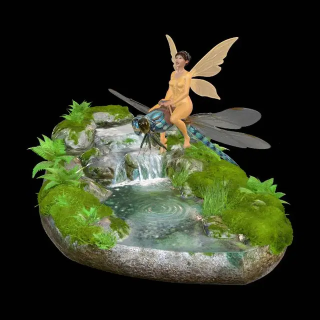 3D model for create a diorama small waterfall turning into a stream just above the stream flies a dragonfly with a saddle and bridle, sitting in the saddle is a beautiful fairy laughing at the wonderful ride she is having. the stream is sided with mosses and ferns and rushes.