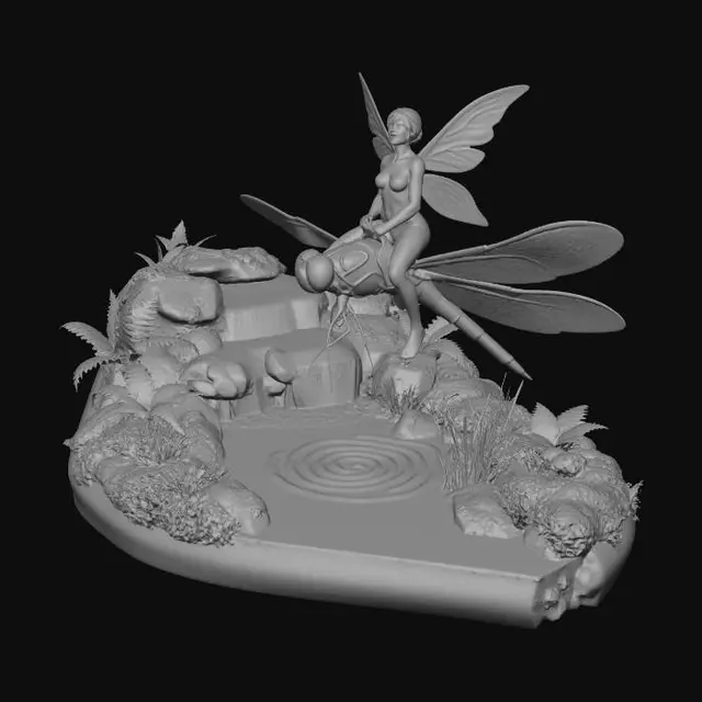 3D model for create a diorama small waterfall turning into a stream just above the stream flies a dragonfly with a saddle and bridle, sitting in the saddle is a beautiful fairy laughing at the wonderful ride she is having. the stream is sided with mosses and ferns and rushes.