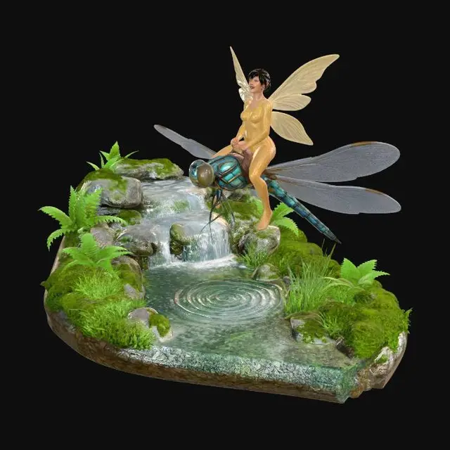 3D model for create a diorama small waterfall turning into a stream just above the stream flies a dragonfly with a saddle and bridle, sitting in the saddle is a beautiful fairy laughing at the wonderful ride she is having. the stream is sided with mosses and ferns and rushes.