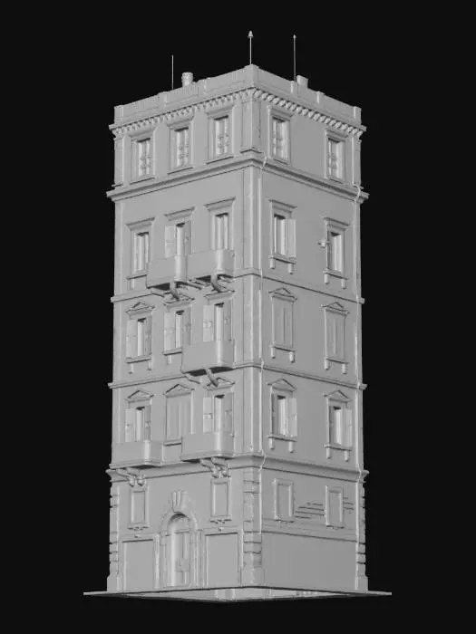 3D model for A compact Roman apartment block (4 stories), only 7m wide and 8m deep. Dense and compressed proportions. Small windows, tight spacing. Minimal balconies. Heavily weathered stucco and darkened surfaces due to age and urban pollution.