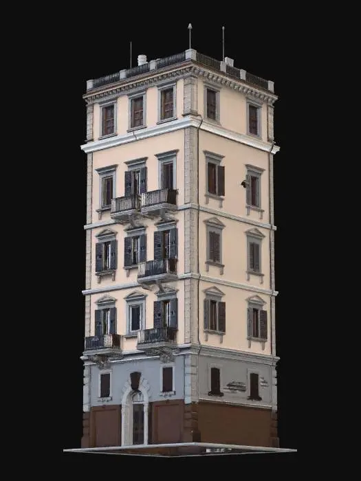 3D model for A compact Roman apartment block (4 stories), only 7m wide and 8m deep. Dense and compressed proportions. Small windows, tight spacing. Minimal balconies. Heavily weathered stucco and darkened surfaces due to age and urban pollution.