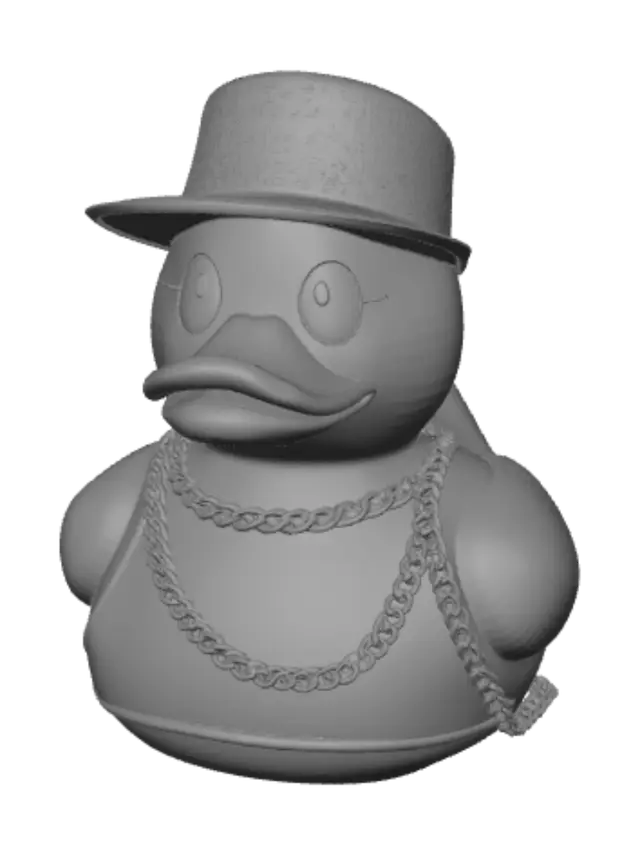 3D model for make me a rubber duck with a chain around its neck, a flat brim hat that says "cranked" and has a black tank top on