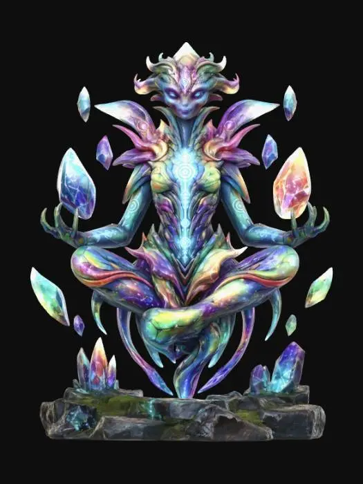 3D model for Extincted allien druid creature full of collors who levitate crystals.