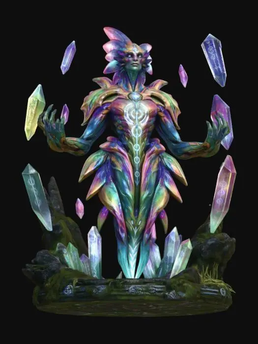 3D model for Extincted allien druid creature full of collors who levitate crystals.