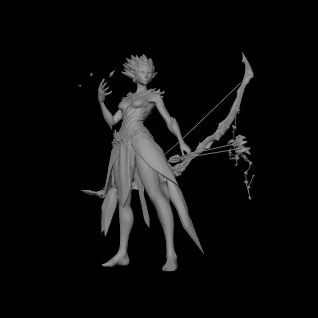 3D model for Allien woman ranger creature full of colors, she wears a crystal unique dress and use telekinesis with dark crystal longbow and crystal arrows