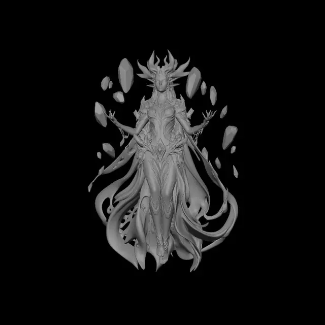 3D model for Allien woman druid creature full of colors, she wears a crystal unique clothes and use telekinesis with dark crystals levitating around her.