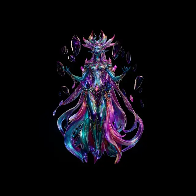 3D model for Allien woman druid creature full of colors, she wears a crystal unique clothes and use telekinesis with dark crystals levitating around her.