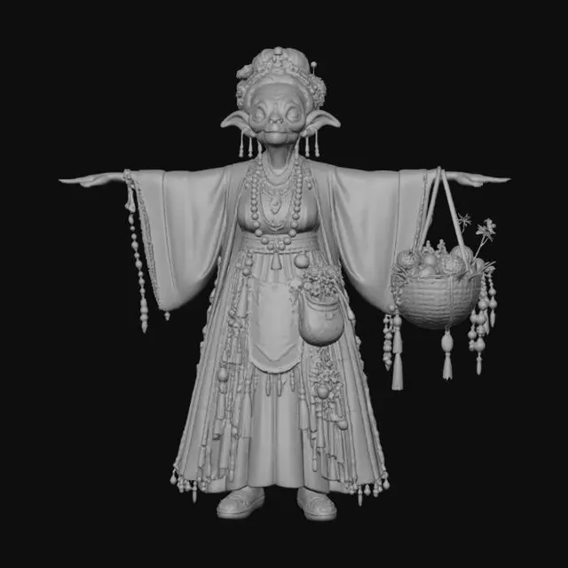 3D model for Old allien old lady creature full of collors picking unique flowers on the field.