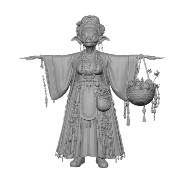 3D model for Old allien old lady creature full of collors picking unique flowers on the field.