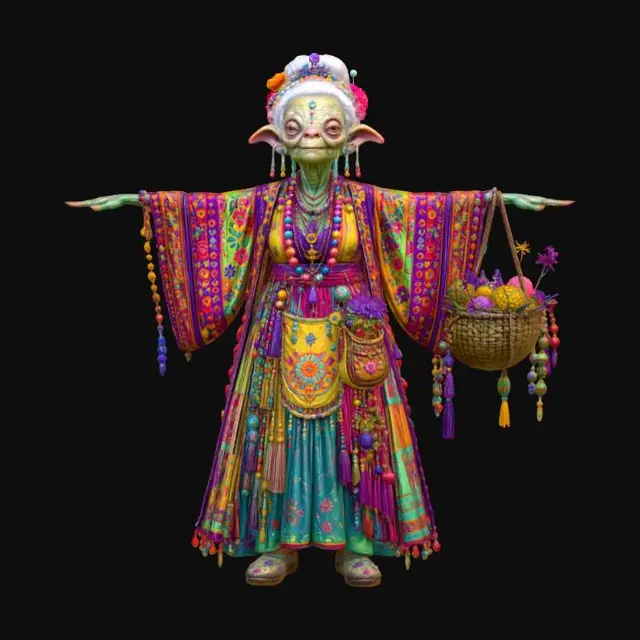 3D model for Old allien old lady creature full of collors picking unique flowers on the field.