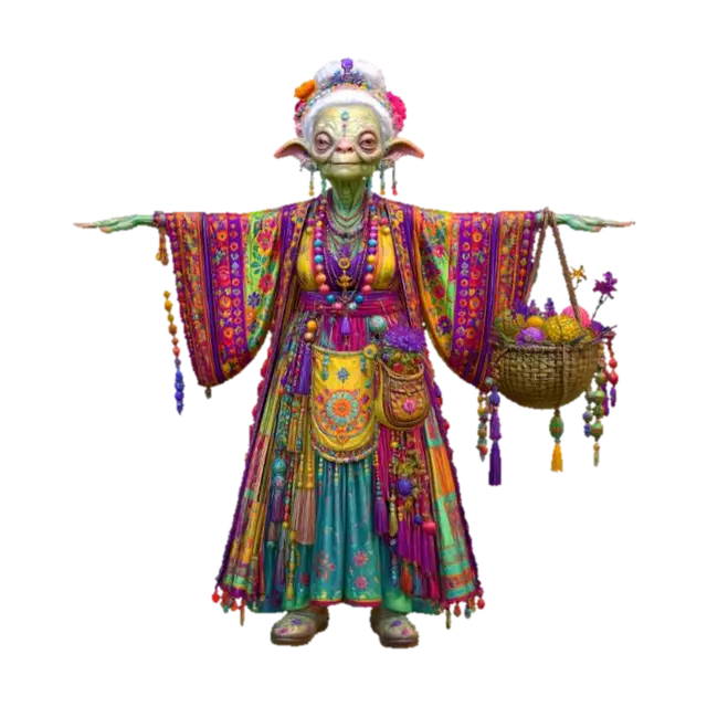 3D model for Old allien old lady creature full of collors picking unique flowers on the field.