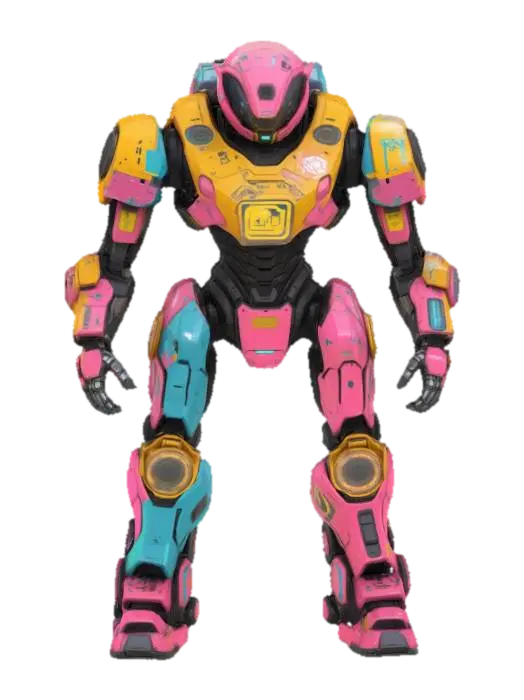 3D model for A rogue security mech from a digital space prison, with glitched-out armor textures and corrupted logo emblems. Chest opens to reveal spinning data cores. His speech module is a voice chip that spits out garbled one-liners. Backpack generates pixelated energy shields.