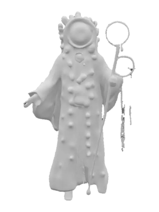 3D model for A floating robed figure whose entire body is covered in blinking sculpted eyeballs. His head is a massive, singular eye with a reflective center that catches the light. Accessories include a dream-catcher staff and detachable "visions"—translucent, trippy shapes that hover from his shoulders. The figure glows under blacklight and has a built-in spinner base for “vision mode.”