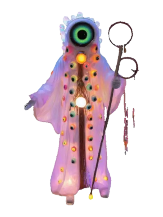 3D model for A floating robed figure whose entire body is covered in blinking sculpted eyeballs. His head is a massive, singular eye with a reflective center that catches the light. Accessories include a dream-catcher staff and detachable "visions"—translucent, trippy shapes that hover from his shoulders. The figure glows under blacklight and has a built-in spinner base for “vision mode.”