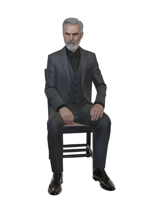 3D model for A full-body 3D character model of an elderly, highly intelligent, and calculating mastermind crime boss, fully optimized for Blender (.blend format).
Character Details:
An older man with sharp, serious facial features, a well-groomed white and grey (salt-and-pepper) beard, and hair. He is sitting on a classic wooden chair, in a full-body pose showing both legs and leather shoes completely. He wears a sharp, sophisticated charcoal-grey 3-piece suit, a black shirt, and a tie, giving off a powerful, manipulative, and strategic aura.
Technical Specifications for Blender:
- Topology: Clean, production-ready retopology with quad-dominant mesh, optimized for rigging.
- Texturing & Materials: High-resolution PBR textures (4K), including Albedo, Roughness, Normal, and Metallic maps. Realistic fab