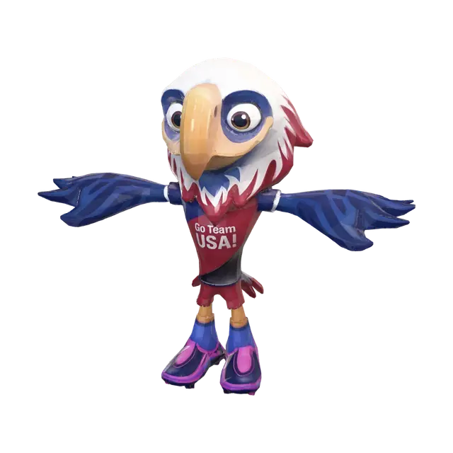 3D model for A mascot for the 2026 Fifa tournament featuring a red white and blue, 3 color picture. He's rooting for team USA and holding an American flag. On its shirt or skin have "Go Team USA!" On the front chest area. Something with animal like features