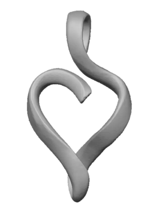 3D model for Photorealistic technical product shot of a minimalist pendant designed as an abstract symbol called ‘Breath of the Heart’. The form consists of two ultra-smooth, flowing metal lines that curve like a gentle wave and subtly converge into a tiny, negative-space heart shape at the center. Precision-crafted with soft organic geometry and a perfectly polished mirrored surface. The pendant is small, delicate, and balanced, with a seamless hidden bail integrated into the top curve. Shot in full frame on a neutral studio background with soft, even lighting that reveals the elegant contours and clean reflections. High-resolution macro jewelry photography emphasizing craftsmanship, symmetry, and minimalist emotional design.