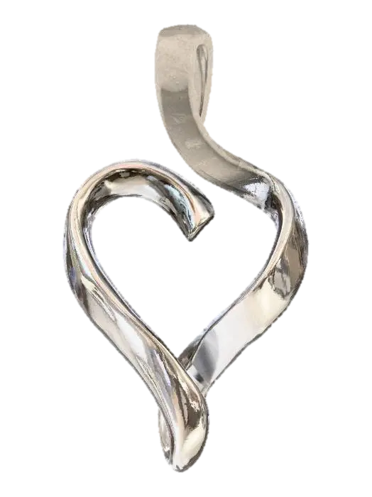 3D model for Photorealistic technical product shot of a minimalist pendant designed as an abstract symbol called ‘Breath of the Heart’. The form consists of two ultra-smooth, flowing metal lines that curve like a gentle wave and subtly converge into a tiny, negative-space heart shape at the center. Precision-crafted with soft organic geometry and a perfectly polished mirrored surface. The pendant is small, delicate, and balanced, with a seamless hidden bail integrated into the top curve. Shot in full frame on a neutral studio background with soft, even lighting that reveals the elegant contours and clean reflections. High-resolution macro jewelry photography emphasizing craftsmanship, symmetry, and minimalist emotional design.