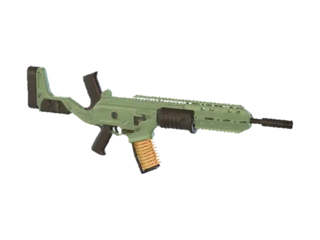 Green Assault Rifle with Belted Ammunition 3D model, vytvořený pomocí AI