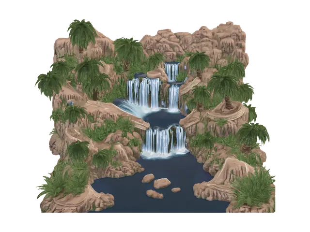 Desert Oasis Waterfalls 3D model, vytvořený pomocí AI