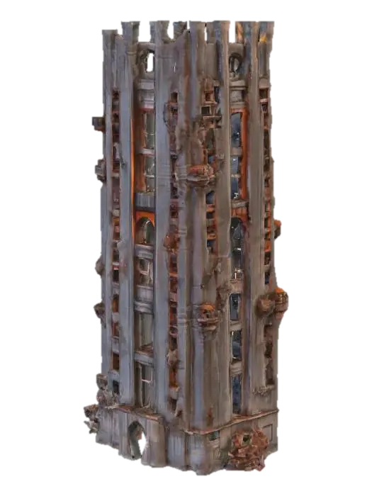 a gigantic ruinic skyscraper reaching up to the sky, in the middle of a post… 3D model, vytvořený pomocí AI