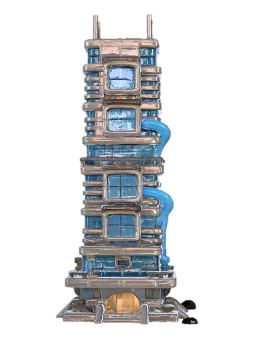Fire Tower Factory 3D model, vytvořený pomocí AI