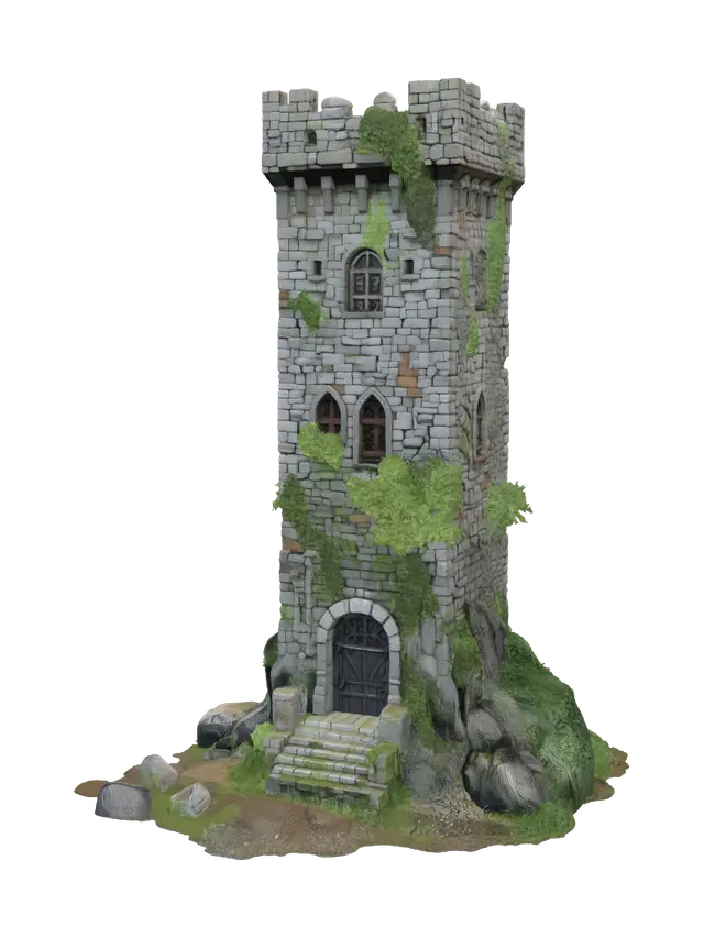 Overgrown Watchtower 3D model, vytvořený pomocí AI