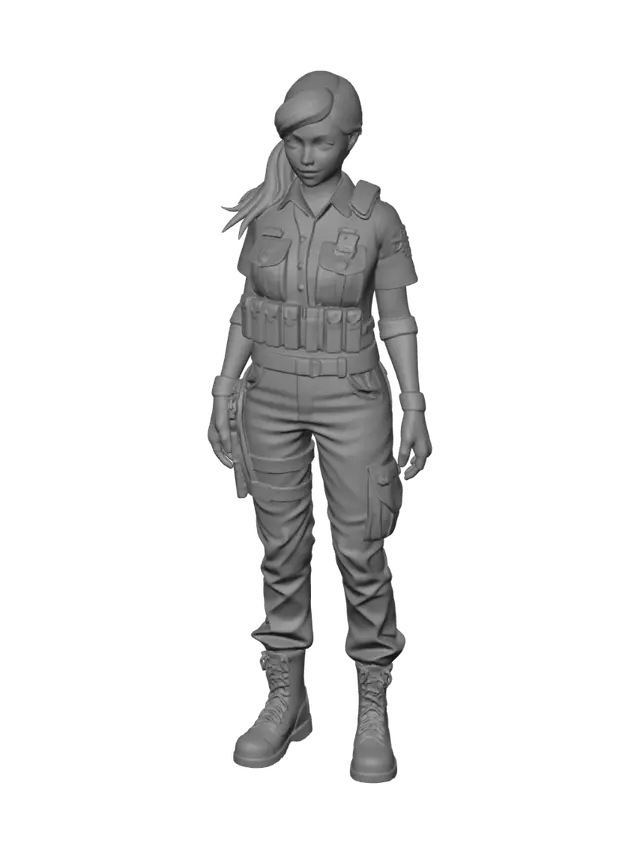 3D model for Female Latina, with black hair in a ponytail, brown eyes, Wearing security guard uniform, black shoes, Standing, T-Pose
