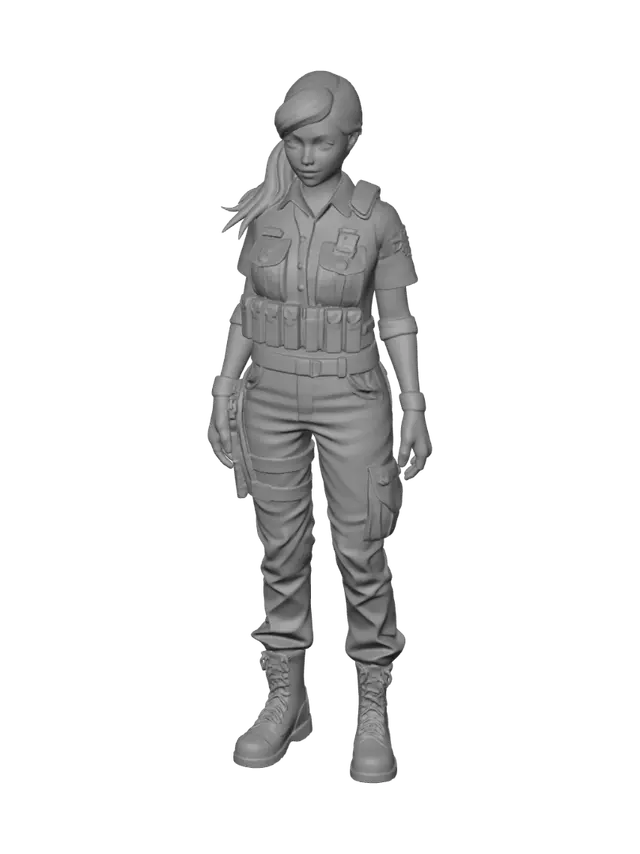 3D model for Female Latina, with black hair in a ponytail, brown eyes, Wearing security guard uniform, black shoes, Standing, T-Pose