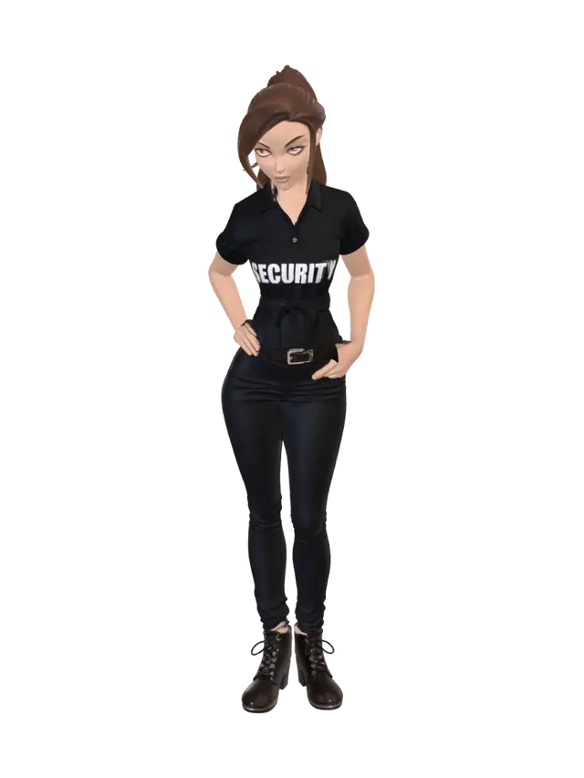 3D model for Female Latina, with black hair, brown eyes, fit, hourglass figure, Wearing a black polo shirt with words on it saying "Security", trousers, boots,