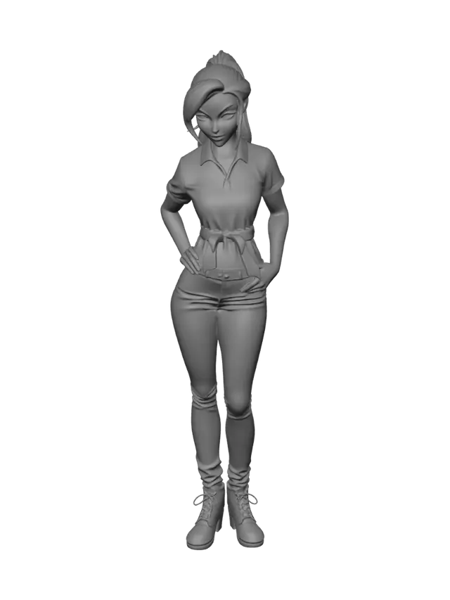 3D model for Female Latina, with black hair, brown eyes, fit, hourglass figure, Wearing a black polo shirt with words on it saying "Security", trousers, boots,
