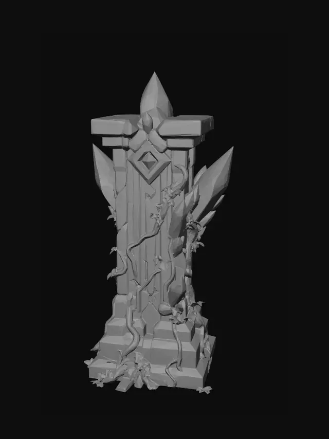 3D model for Extract and isolate a single corrupted crystal wall pillar from this image. Clean white background, single object centered, slight 3/4 view. A tall stone pillar with large teal crystal shards growing out of it, glowing arcane energy pulsing through cracks in the stone, small vines at the base. More overgrown and corrupted looking than a standard pillar. Simplified game asset style, clear silhouette, no background elements.