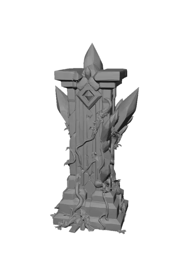 3D model for Extract and isolate a single corrupted crystal wall pillar from this image. Clean white background, single object centered, slight 3/4 view. A tall stone pillar with large teal crystal shards growing out of it, glowing arcane energy pulsing through cracks in the stone, small vines at the base. More overgrown and corrupted looking than a standard pillar. Simplified game asset style, clear silhouette, no background elements.
