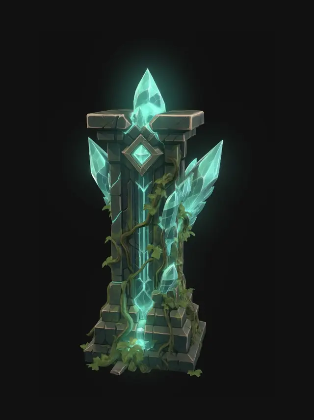 3D model for Extract and isolate a single corrupted crystal wall pillar from this image. Clean white background, single object centered, slight 3/4 view. A tall stone pillar with large teal crystal shards growing out of it, glowing arcane energy pulsing through cracks in the stone, small vines at the base. More overgrown and corrupted looking than a standard pillar. Simplified game asset style, clear silhouette, no background elements.