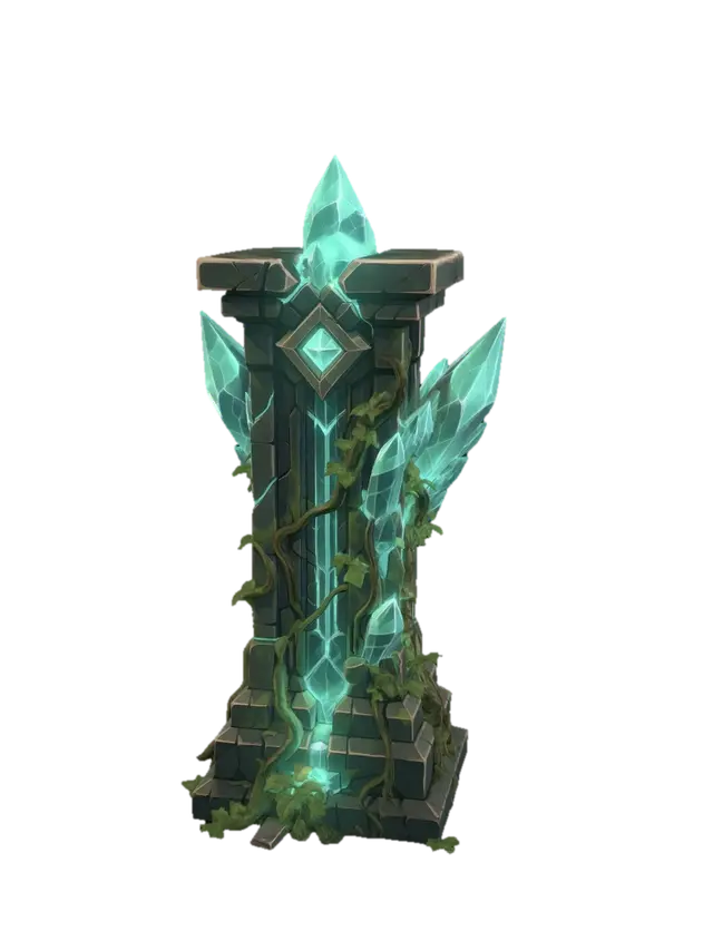 3D model for Extract and isolate a single corrupted crystal wall pillar from this image. Clean white background, single object centered, slight 3/4 view. A tall stone pillar with large teal crystal shards growing out of it, glowing arcane energy pulsing through cracks in the stone, small vines at the base. More overgrown and corrupted looking than a standard pillar. Simplified game asset style, clear silhouette, no background elements.