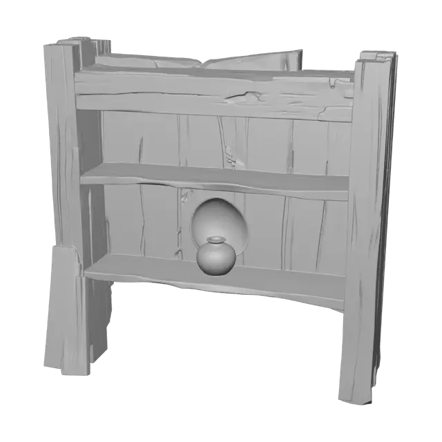 3D model for old broken wooden bookshelf, damaged structure, decayed rotten wood, dusty and dirty, abandoned asylum library prop, game ready 3d asset