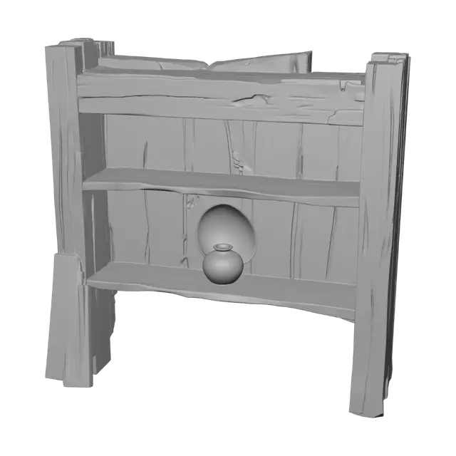 3D model for old broken wooden bookshelf, damaged structure, decayed rotten wood, dusty and dirty, abandoned asylum library prop, game ready 3d asset