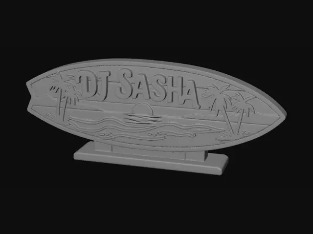 3D model for Decorative full body surfboard shape, designed as a stylized 3D decorative sign.
Feature a beautiful beach sunset scene carved and layered into the front surface of the surfboard.
Include ocean waves, palm trees, sunset sky, sun on the horizon, shoreline, and tropical beach details in a bold, stylized, highly readable way.
Add the text “DJ Sasha” prominently on the surfboard design in a clean bold decorative script or beach-style lettering.