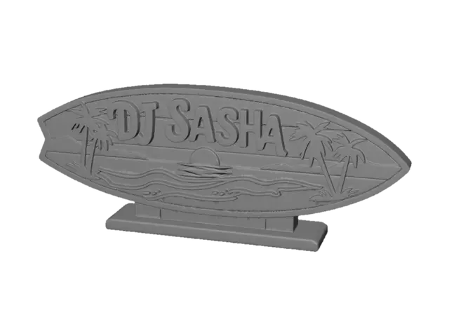 3D model for Decorative full body surfboard shape, designed as a stylized 3D decorative sign.
Feature a beautiful beach sunset scene carved and layered into the front surface of the surfboard.
Include ocean waves, palm trees, sunset sky, sun on the horizon, shoreline, and tropical beach details in a bold, stylized, highly readable way.
Add the text “DJ Sasha” prominently on the surfboard design in a clean bold decorative script or beach-style lettering.