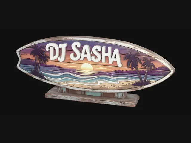 3D model for Decorative full body surfboard shape, designed as a stylized 3D decorative sign.
Feature a beautiful beach sunset scene carved and layered into the front surface of the surfboard.
Include ocean waves, palm trees, sunset sky, sun on the horizon, shoreline, and tropical beach details in a bold, stylized, highly readable way.
Add the text “DJ Sasha” prominently on the surfboard design in a clean bold decorative script or beach-style lettering.
