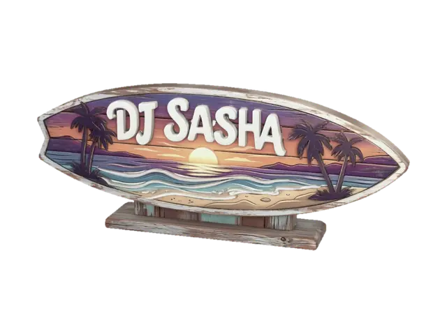 3D model for Decorative full body surfboard shape, designed as a stylized 3D decorative sign.
Feature a beautiful beach sunset scene carved and layered into the front surface of the surfboard.
Include ocean waves, palm trees, sunset sky, sun on the horizon, shoreline, and tropical beach details in a bold, stylized, highly readable way.
Add the text “DJ Sasha” prominently on the surfboard design in a clean bold decorative script or beach-style lettering.